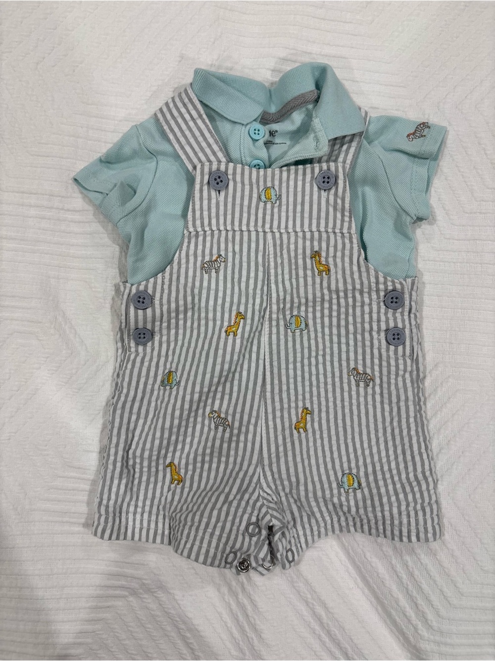 Little Me Baby Boys' Light Blue Polo with Gray Striped Overalls